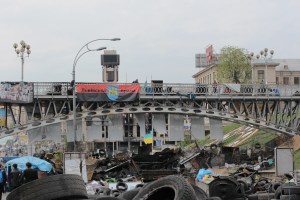 Barricades  that protected the protesters from snipers (shooting from behind the camera up a hill)